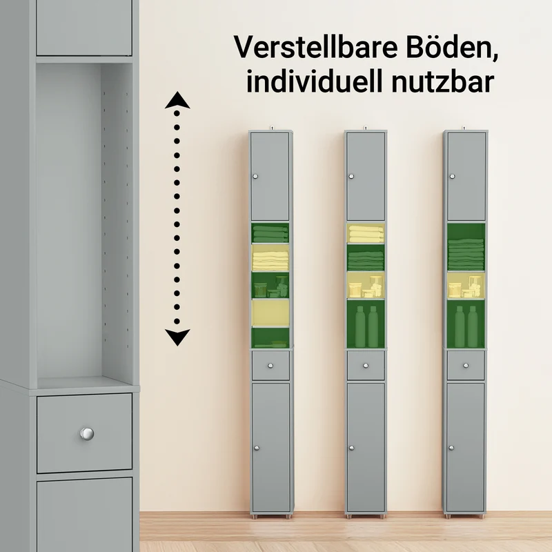 SoBuy | Bad Hochschrank | mit Verstellbare Ablagen schmal | Hellgrau | 20x180x20cm | BZR34-II-HG