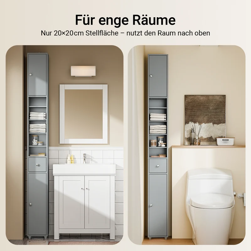 SoBuy | Bad Hochschrank | mit Verstellbare Ablagen schmal | Hellgrau | 20x180x20cm | BZR34-II-HG
