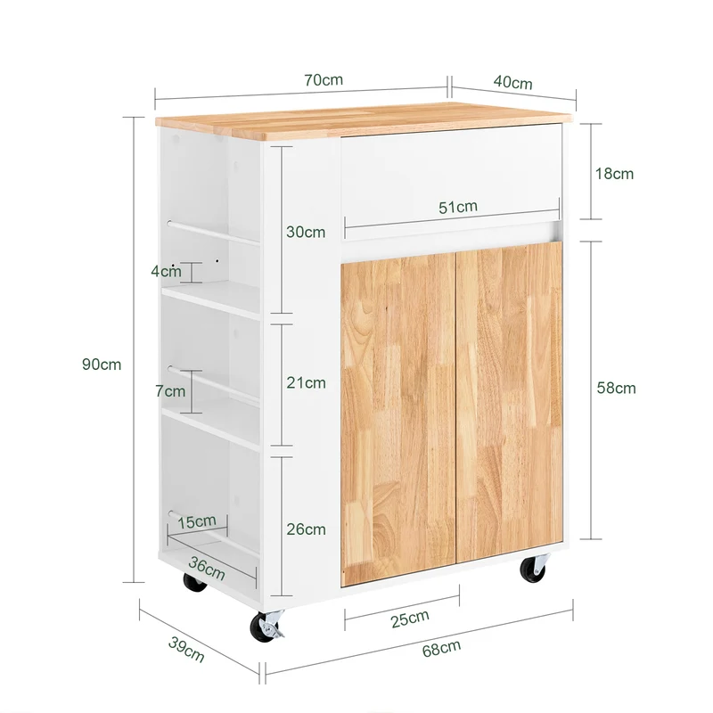 SoBuy Küchenwagen mit Arbeitsplatte Servierwagen mit Rollen Weiß B70 x H90 x T40 cm FKW132-WN