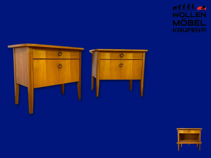 Sehr schöner heller Mid-Century Nachttisch mit Schublade , Klappe & Messinggriffen I Nachtkommode Nachtschrank Nachtschränkchen Kommode Beistelltisch 50er 60er Vintage I