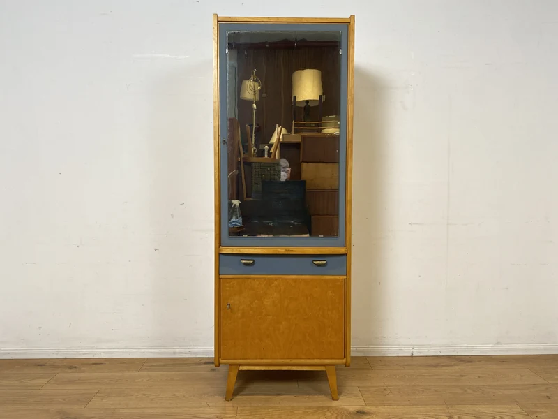 60er Jahre Schrank mit Spiegel, Schublade und Messinggriffen I Schrank Kleiderschrank Spiegelschrank Flurschrank Garderobe Barschrank Mid-Century Vintage 50er I