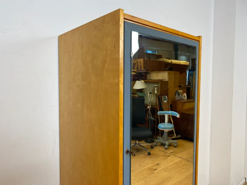 60er Jahre Schrank mit Spiegel, Schublade und Messinggriffen I Schrank Kleiderschrank Spiegelschrank Flurschrank Garderobe Barschrank Mid-Century Vintage 50er I