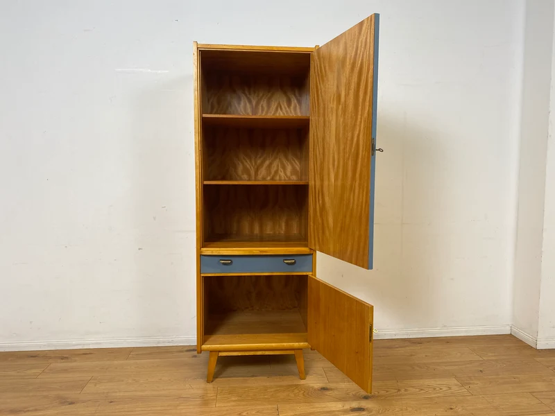 60er Jahre Schrank mit Spiegel, Schublade und Messinggriffen I Schrank Kleiderschrank Spiegelschrank Flurschrank Garderobe Barschrank Mid-Century Vintage 50er I