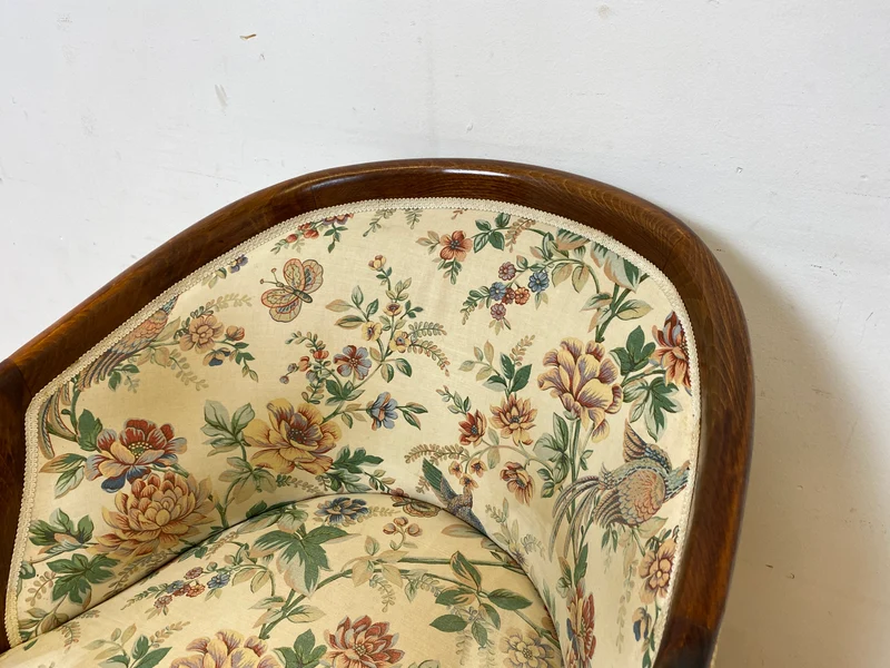 Vornehmer handverzierter Vintage Salonsessel mit Schwänen und tollem floralem, jedoch etwas fleckigem, Bezug I Sessel Stuhl Armlehnstuhl Lesesessel Sitzgarnitur Stilmöbel I