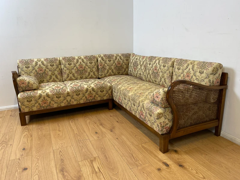 WMK I Wunderschönes antikes Ecksofa mit floralem Bezug , Wiener Geflecht und Federkern (Kopie)