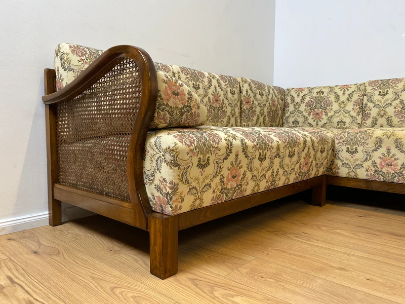 WMK I Wunderschönes antikes Ecksofa mit floralem Bezug , Wiener Geflecht und Federkern (Kopie)