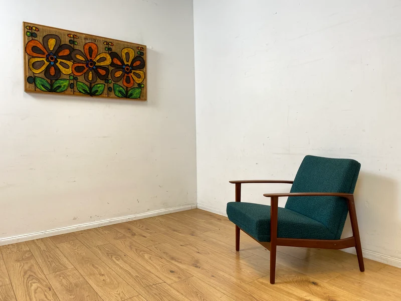 Eleganter skandinavischer Mid-Century Sessel mit Teakholz Rahmen, Federkern und petrol Blauem Original Bezug I Clubsessel Armchair Sitzgarnitur Danish Design Vintage 60er I