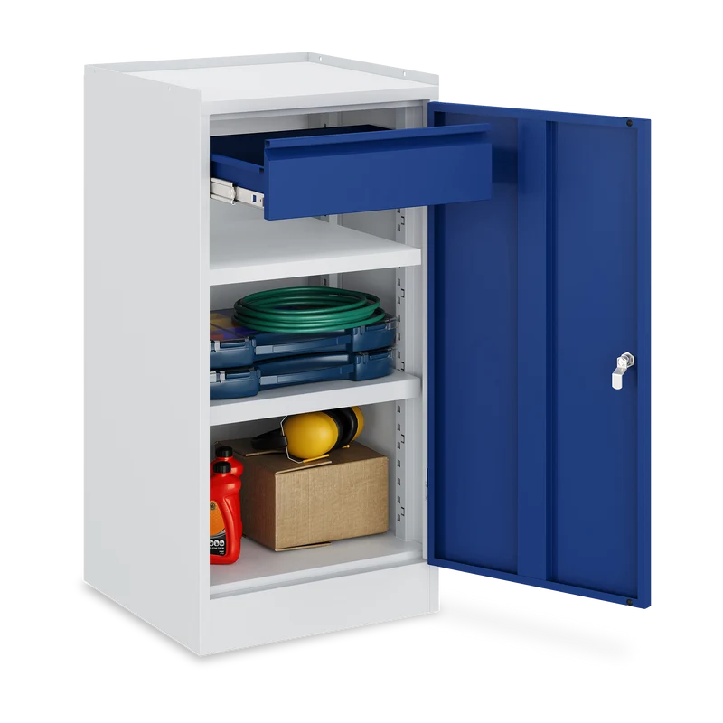 Werkzeugschrank (1-Türe) – 2 Fachböden & 1 Schublade – Lichtgrau