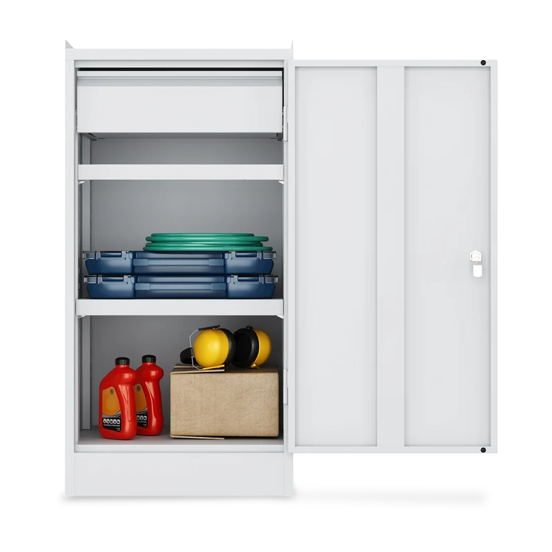 Werkzeugschrank (1-Türe) – 2 Fachböden & 1 Schublade – Lichtgrau