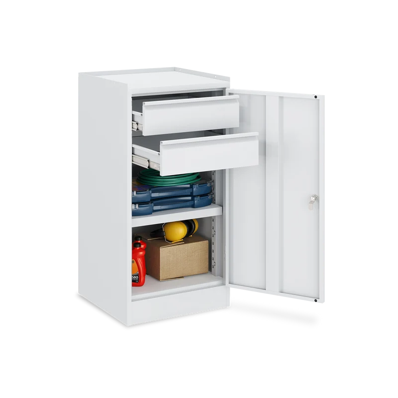 Werkzeugschrank (1-Türe) – 1 Fachboden & 2 Schubladen – Lichtgrau