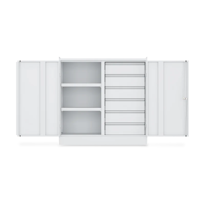 Werkzeugschrank (2-Türen) – 2 Fachböden & 6 Schubladen – Lichtgrau