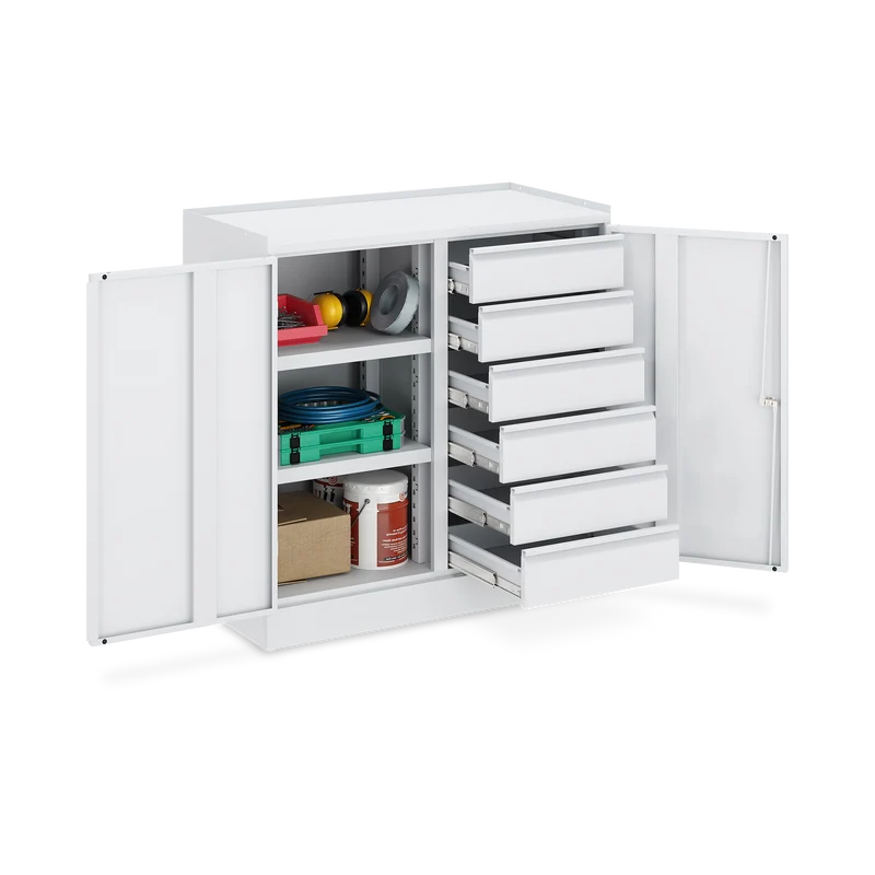 Werkzeugschrank (2-Türen) – 2 Fachböden & 6 Schubladen – Lichtgrau