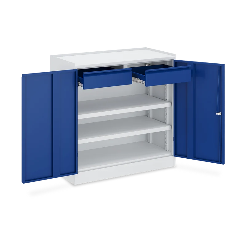 Werkzeugschrank (2-Türen) – 2 Fachböden & 2 Schubladen – Lichtgrau