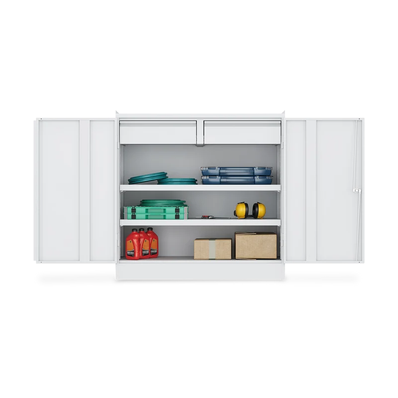 Werkzeugschrank (2-Türen) – 2 Fachböden & 2 Schubladen – Lichtgrau