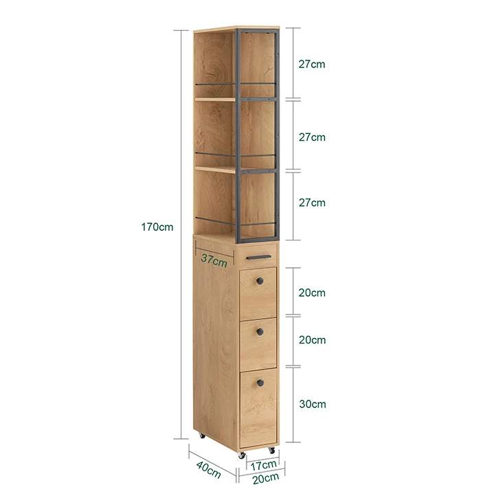 SoBuy | Nischenregal mit 3 Schubladen | mit Rollen | Nischenwagen | schmales Regal | NSR13-N
