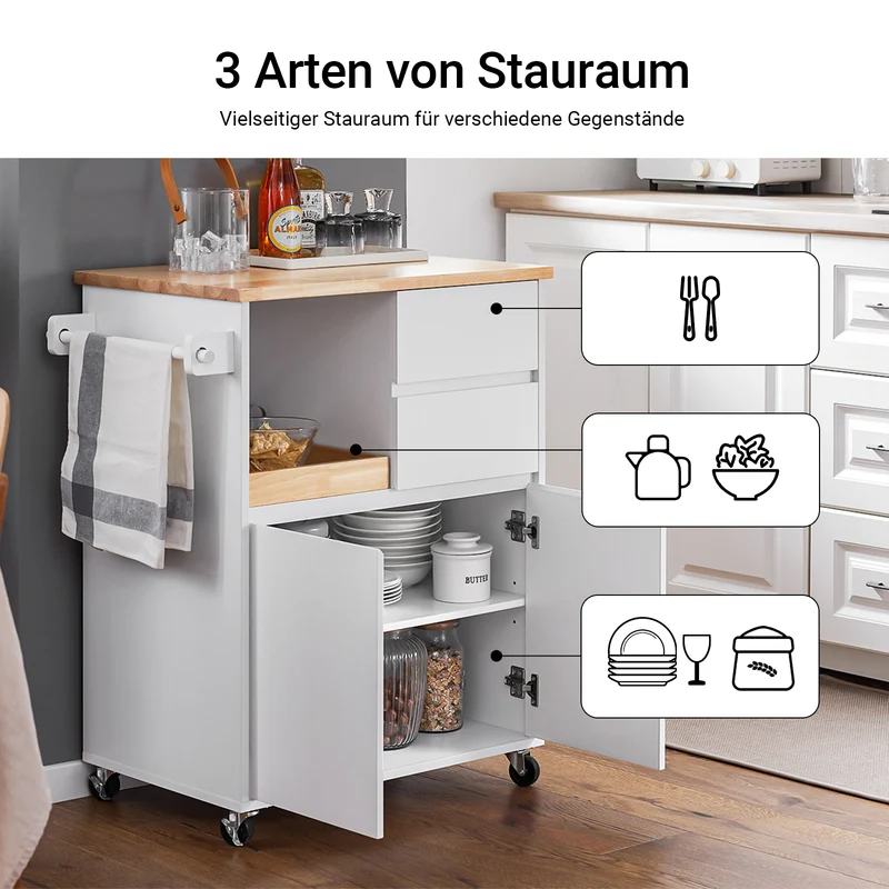 SoBuy | Küchenwagen mit Arbeitsplatte | Servierwagen mit Rollen | Weiß | 72x84x40cm FKW123-WN