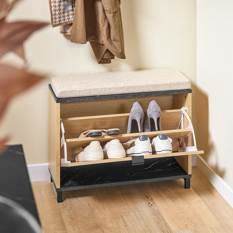 SoBuy | Schuhbank Sitzbank | Schuhregal Schmal | mit Stauraum | Klappfach | Marmor Schwarz | FSR201-N