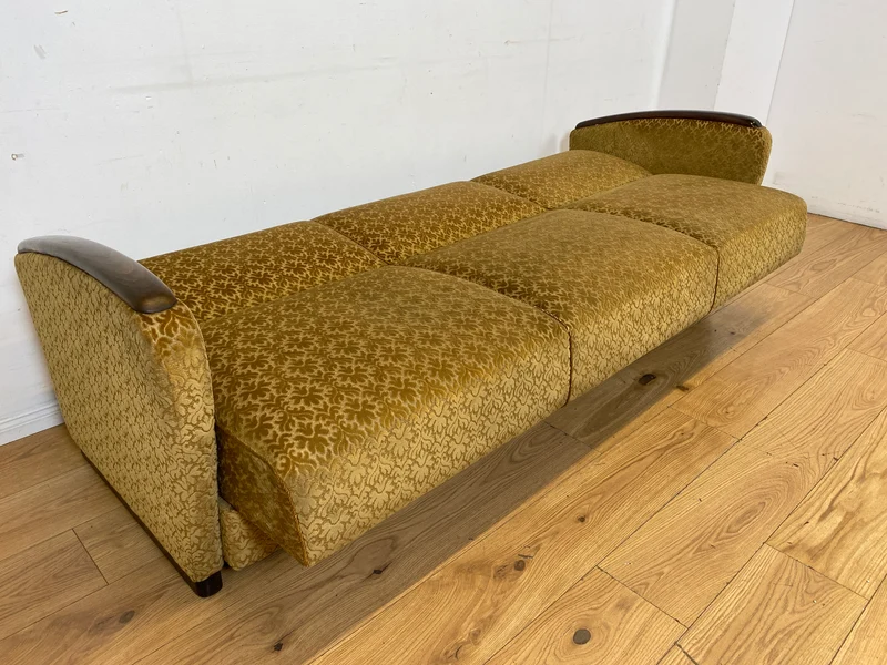 Wunderschönes & sehr gut erhaltenes 1930er Jahre Art Deco Sofa mit Schlaffunktion & goldenem Brokat Bezug I Couch Schlafcouch Schlafsofa Klappcouch Daybed Antik Vintage I (Kopie)