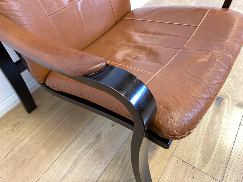 Stilvoller und gemütlicher skandinavischer Mid-Century Sessel mit Bugholzrahmen und braunem Echtleder Bezug I Ledersessel Loungesessel Lesesessel Freischwinger Leder Vintage I