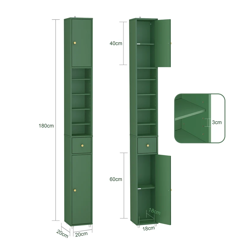 SoBuy Bad Hochschrank mit Verstellbare Ablagen schmal Grün 20x180x20cm BZR34-II-SY