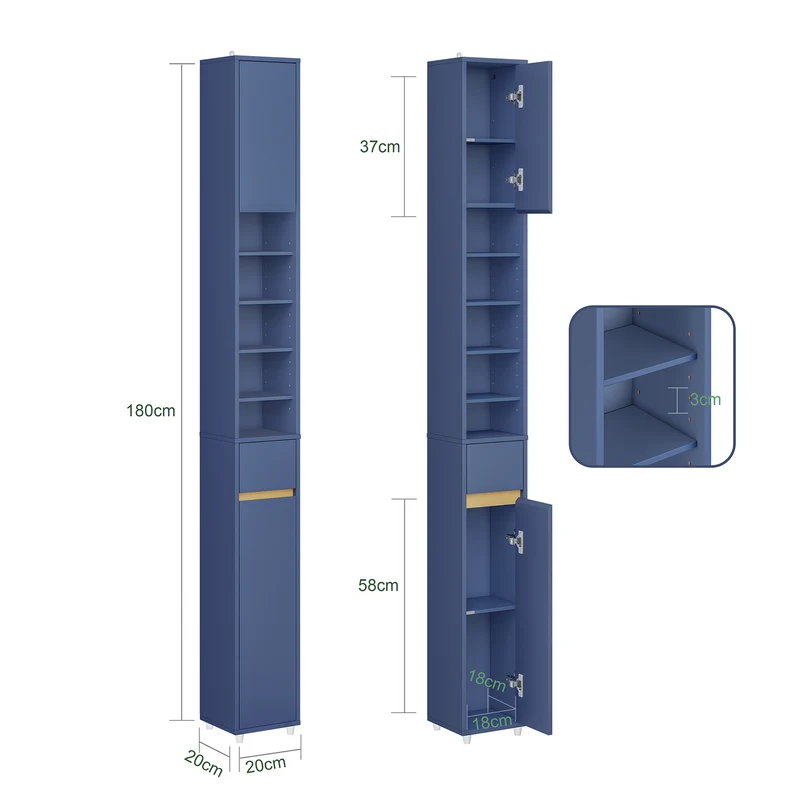SoBuy Bad Hochschrank mit Verstellbare Ablagen schmal Blau 20x180x20cm BZR34-II-B