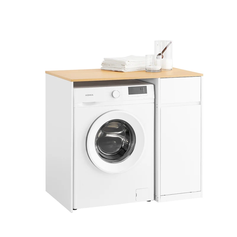 SoBuy | Waschmaschinenschrank | mit Wäschekorb & Schublade | Weiß BZR217-WN