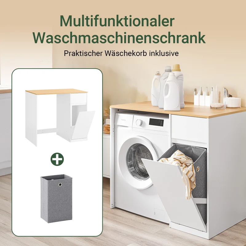 SoBuy | Waschmaschinenschrank | mit Wäschekorb & Schublade | Weiß BZR217-WN
