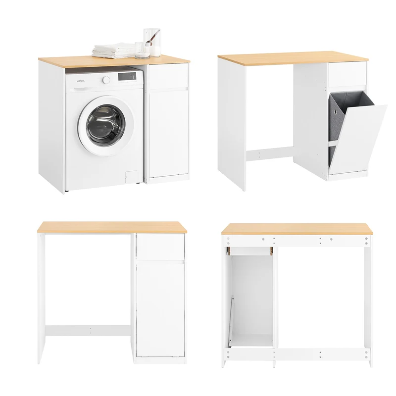 SoBuy | Waschmaschinenschrank | mit Wäschekorb & Schublade | Weiß BZR217-WN