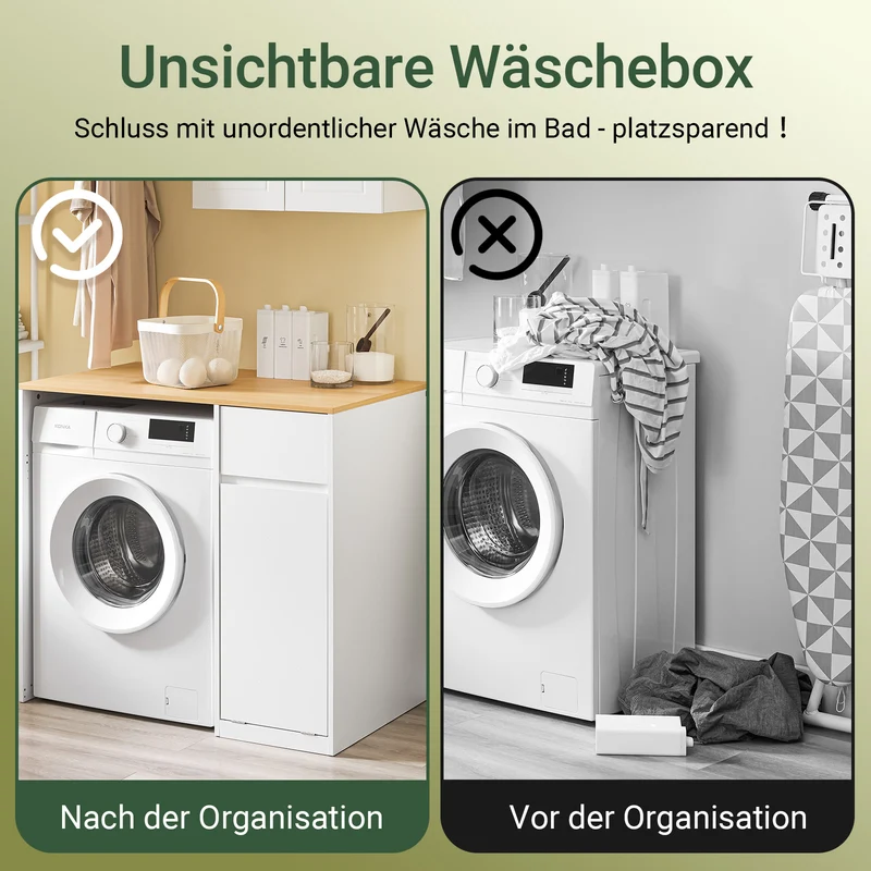 SoBuy | Waschmaschinenschrank | mit Wäschekorb & Schublade | Weiß BZR217-WN