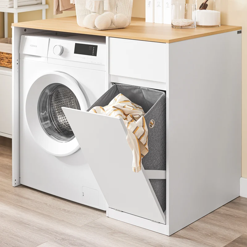 SoBuy | Waschmaschinenschrank | mit Wäschekorb & Schublade | Weiß BZR217-WN