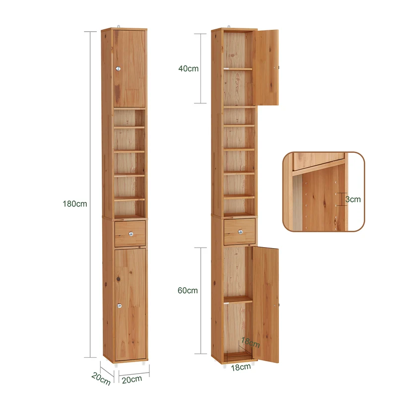 SoBuy | Bad Hochschrank | mit Verstellbare Ablagen schmal Zedernholz | 20x180x20cm | BZR34-II-SH