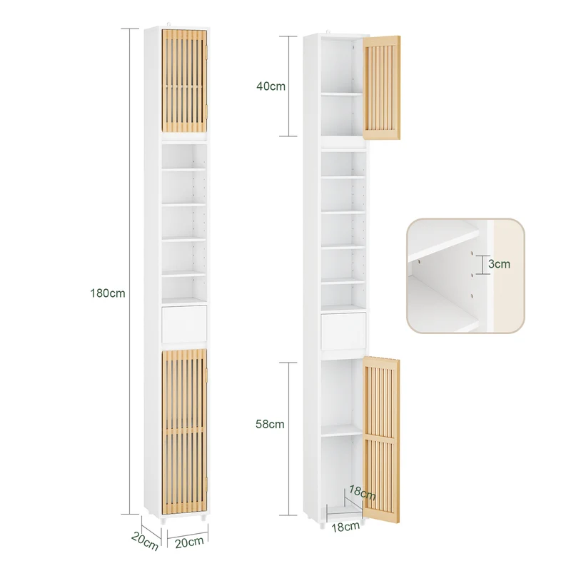 SoBuy Bad Hochschrank mit Verstellbare Ablagen | schmal Weiß 20x180x20cm BZR34-BW