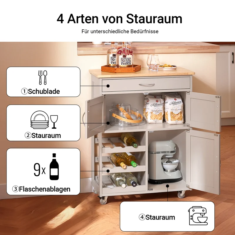 SoBuy | Küchenwagen mit Rollen | Khaki | 67x86x38cm | FKW45-KA