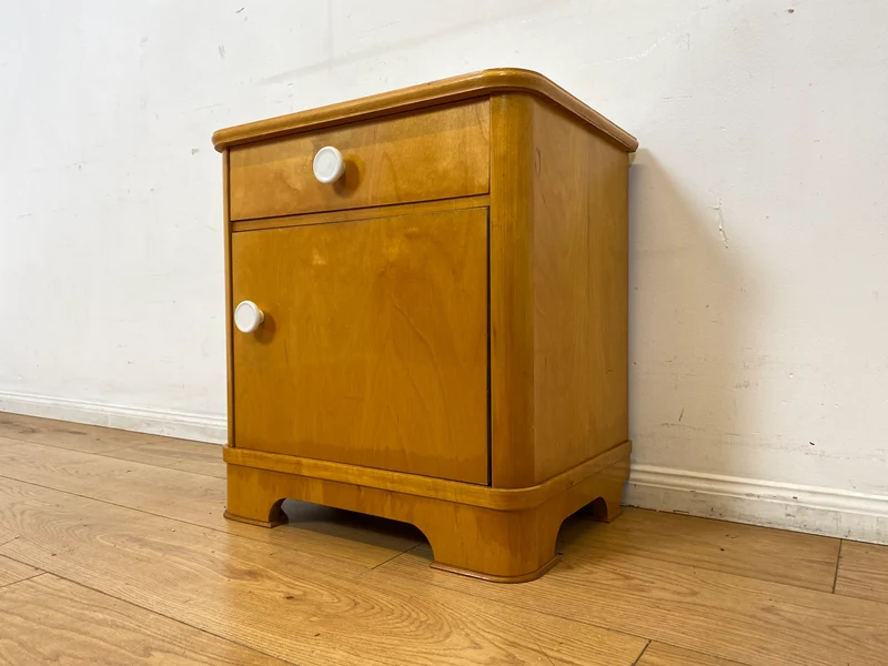 Freundlicher heller Mid-Century Nachttisch mit Schublade und Glasauflage I Vollholz furniert I Nachtkommode Nachtschrank Nachtschränkchen Kommode 60er Vintage I
