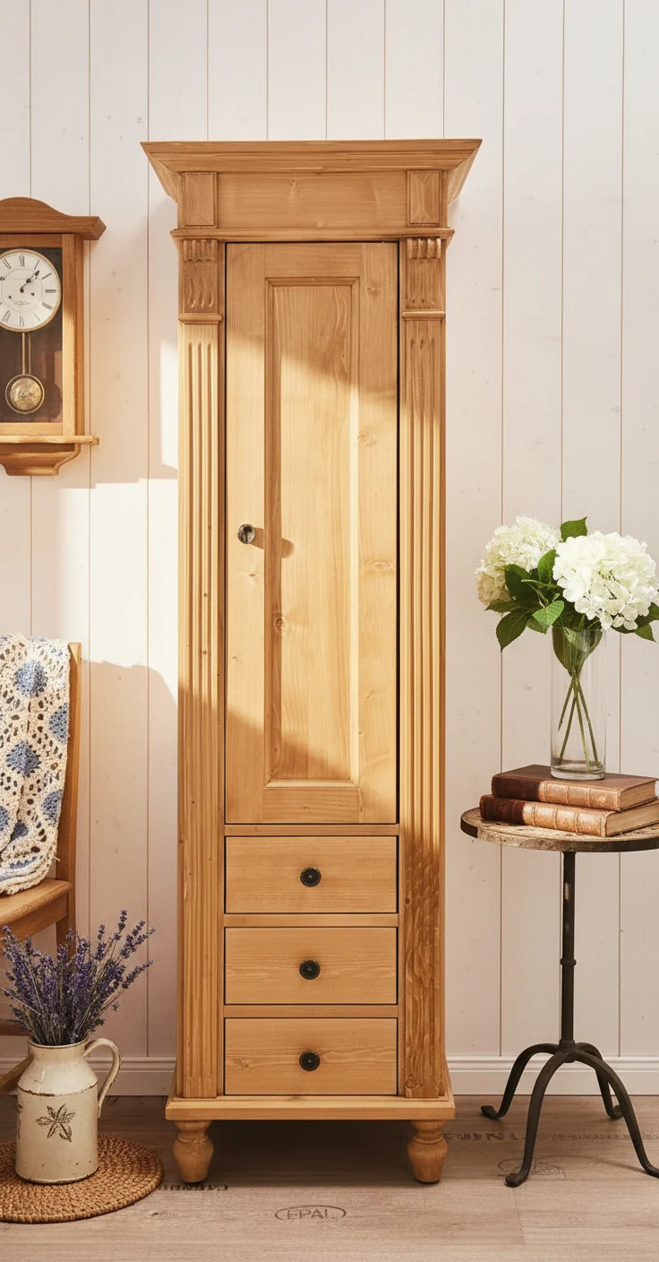 Lillesand - Kleiner Hochschrank im Gründerzeit-Stil, Landhaus-Möbel Massivholz natur