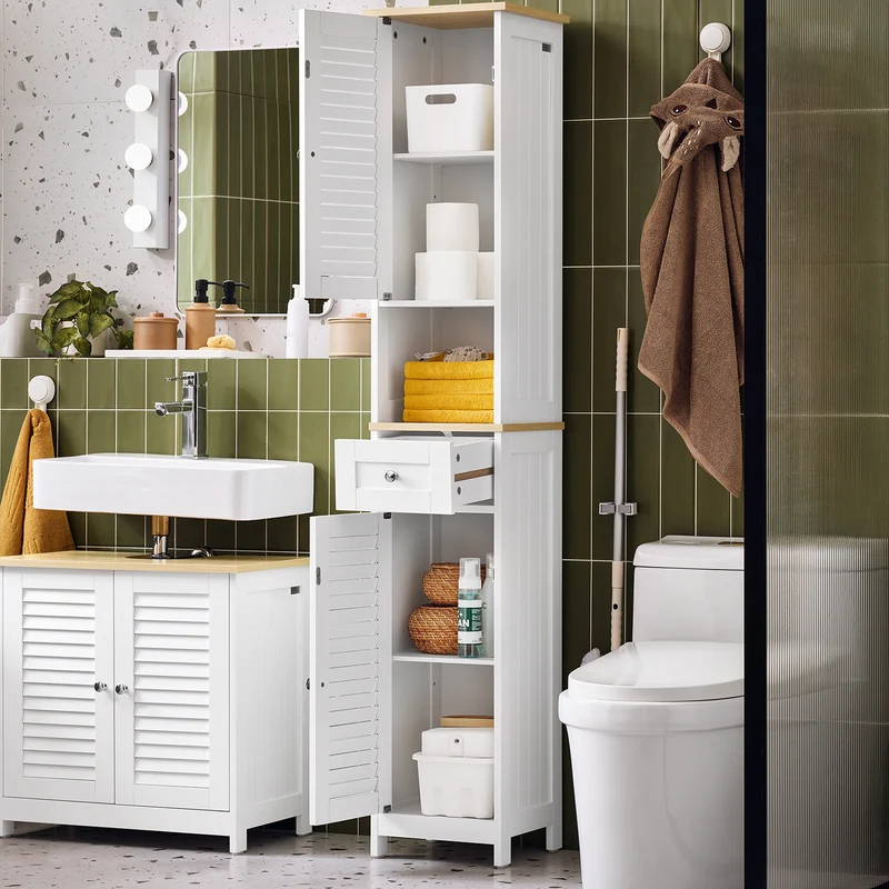 SoBuy | Badezimmer-Hochschrank | Badschrank | Badregal | Weißnatur | FRG236-WN