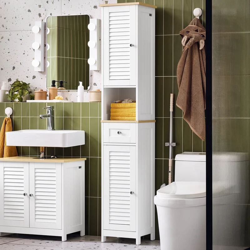 SoBuy | Badezimmer-Hochschrank | Badschrank | Badregal | Weißnatur | FRG236-WN