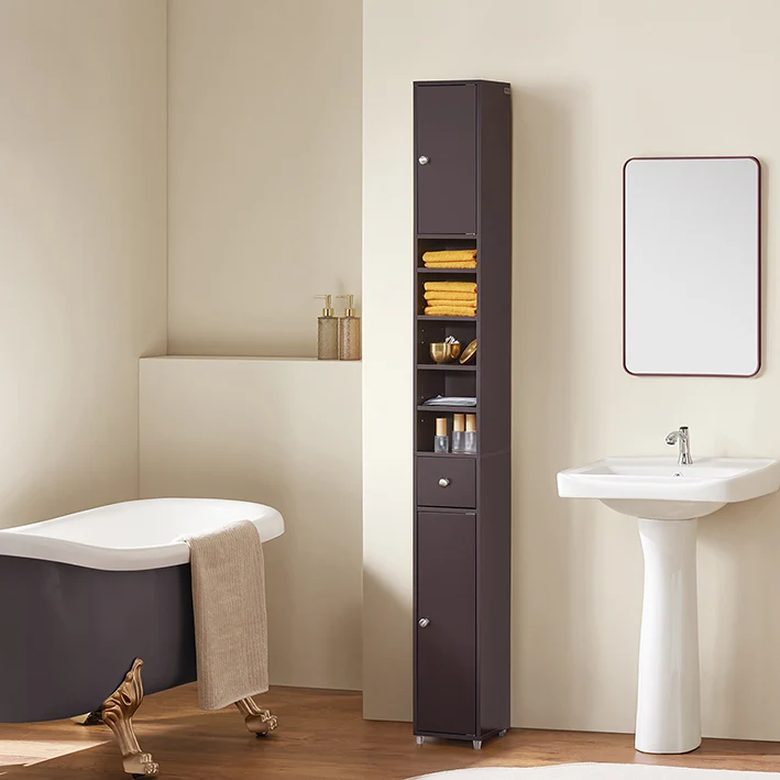 SoBuy | Badzimmerschrank Schmal | mit Verstellbare Ablagen | Braun | BZR34-II-BR