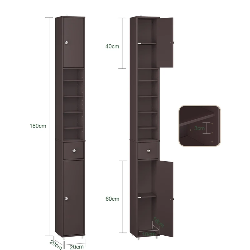 SoBuy | Badzimmerschrank Schmal | mit Verstellbare Ablagen | Braun | BZR34-II-BR