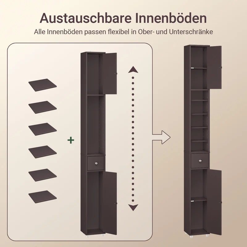SoBuy | Badzimmerschrank Schmal | mit Verstellbare Ablagen | Braun | BZR34-II-BR
