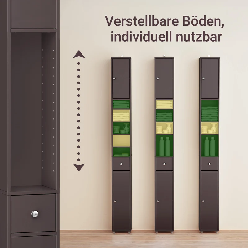 SoBuy | Badzimmerschrank Schmal | mit Verstellbare Ablagen | Braun | BZR34-II-BR