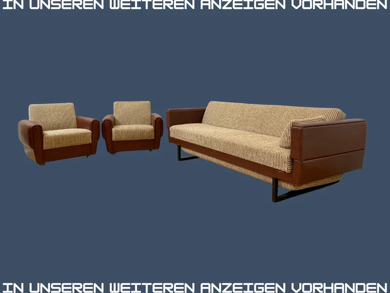 Kultiger Retro Sessel auf Rollen in beigem Wollbezug und Kunstleder Verkleidung I Clubsessel Lesesessel Ledersessel Sitzgarnitur Polstergarnitur Mid-Century 60er 70er I