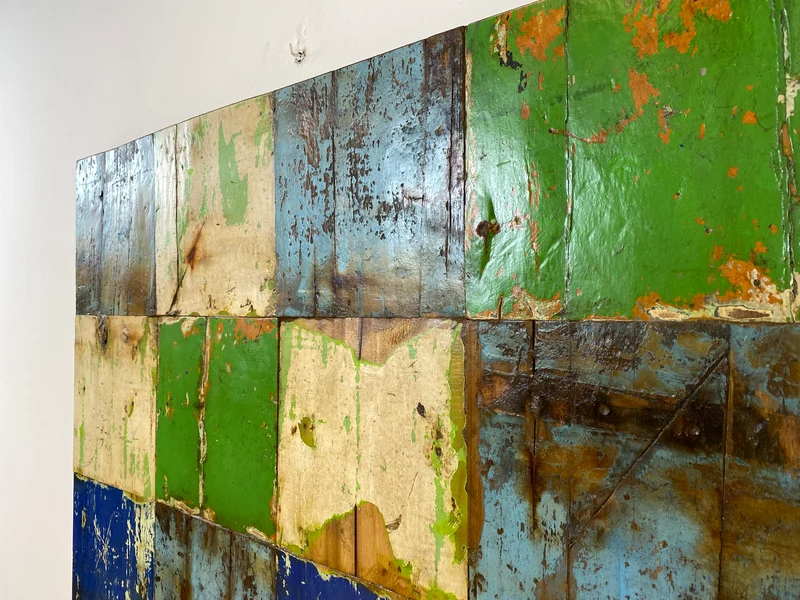 Boatwood by WMK # 110x110 großes Patchwork Holz Bild , ein handgefertigtes Unikat aus recyceltem Bootsholz # buntes Wandbild Wandpaneel Bild Kunstwerk Design Loft Wanddekoration Mosaik Wanddekor Dekor