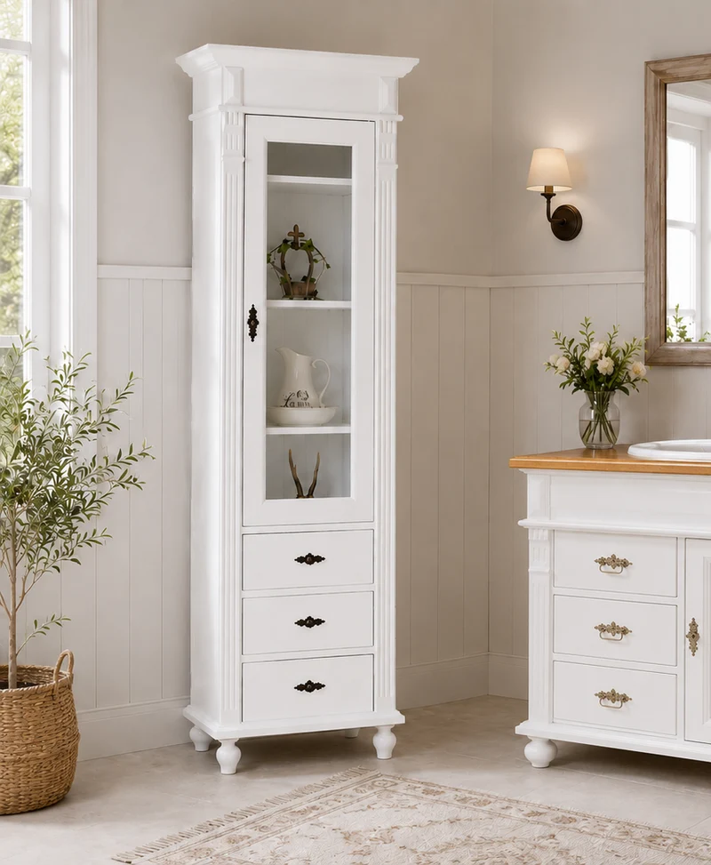 Zarnè - Eleganter Hochschrank im Gründerzeit-Stil, Füße variabel, Landhaus-Möbel Massivholz weiß
