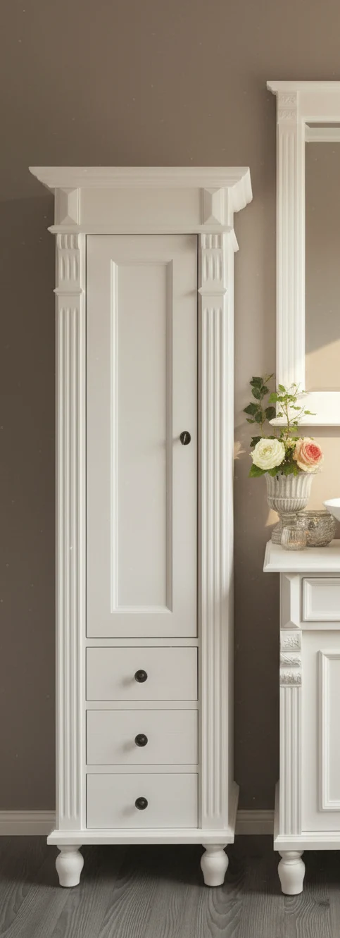 Marillé - Kleiner Hochschrank im Gründerzeit-Stil, Landhaus-Möbel Massivholz weiß