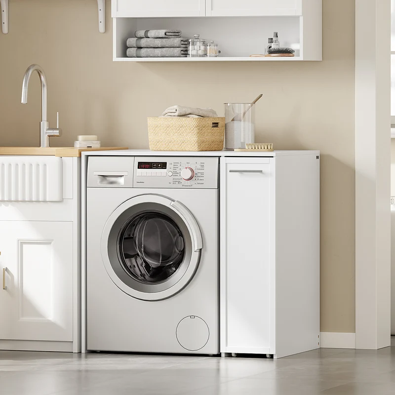 SoBuy | Waschmaschinenregal | Waschmaschinenunterschrank mit Schublade und Auszug | White | BZR229-W