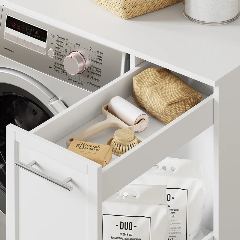 SoBuy | Waschmaschinenregal | Waschmaschinenunterschrank mit Schublade und Auszug | White | BZR229-W