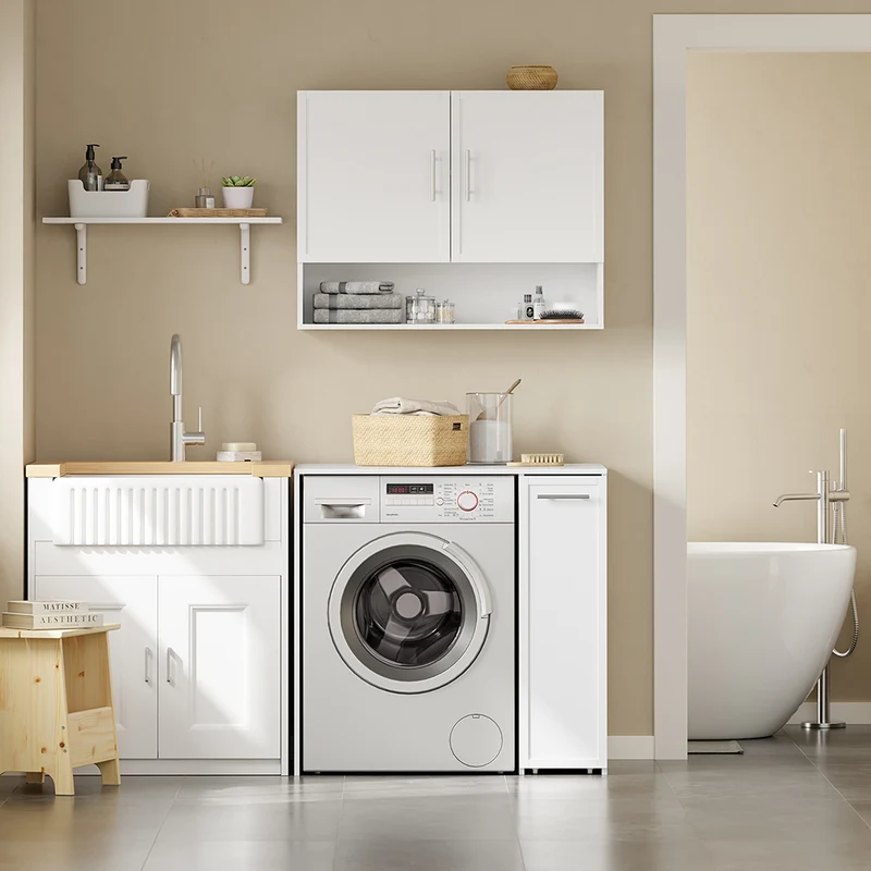 SoBuy | Waschmaschinenregal | Waschmaschinenunterschrank mit Schublade und Auszug | White | BZR229-W