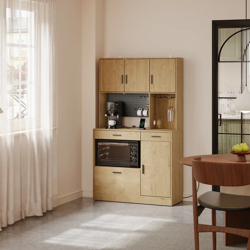 SoBuy | Küchenschränke | Küchenschrank freistehend mit 4 Türen und 3 | Light Oak | FSB98-L-E-N