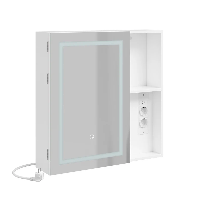 SoBuy | Hangeschrank | Spiegelschrank Bad mit LED-Beleuchtung und Steckdose | White | BZR239-E-W